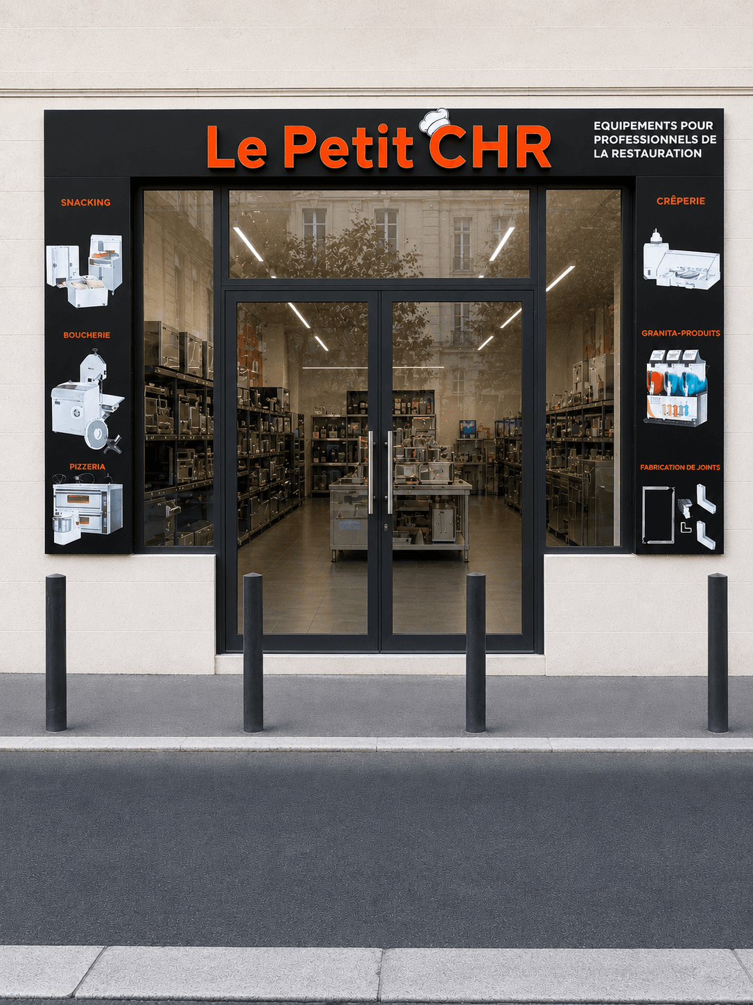 Le Petit CHR store front — professional hospitality equipment (snacking, butchery, pizzeria, crêperie, granita, stainless steel seals)